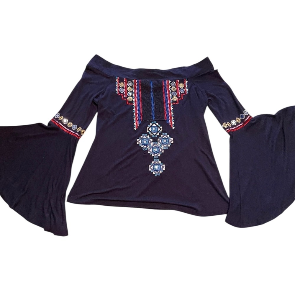 Boston Proper Off Shoulder  Embroidered Flare Sleeve Top Size Small Hippie Boho